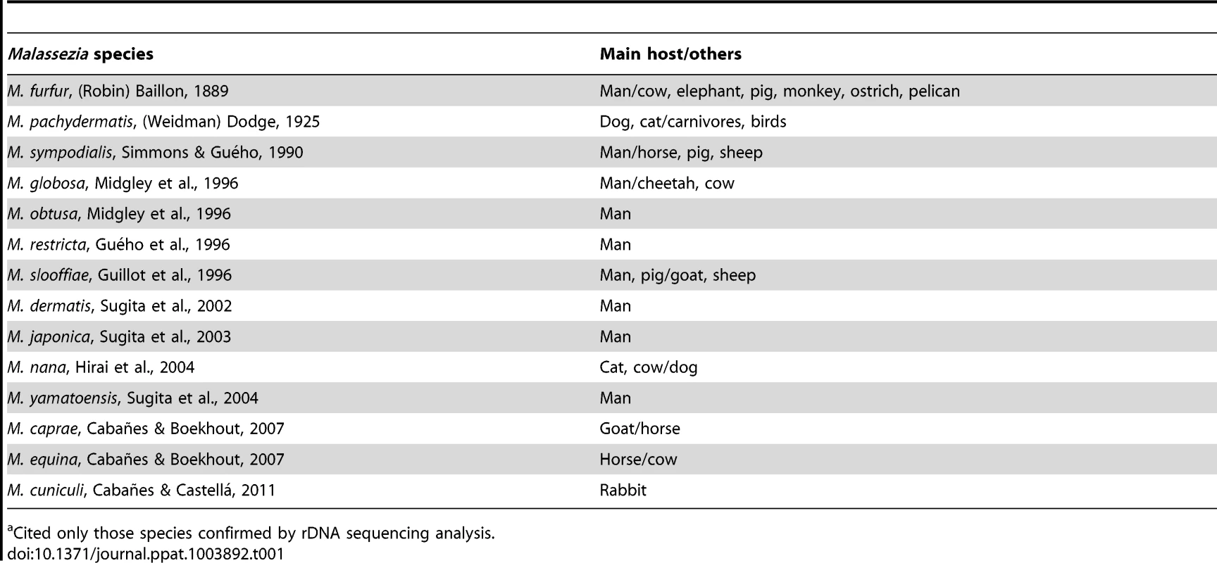Current described <i>Malassezia</i> species, authorities, year of the description, and their main hosts<em class="ref">a</em> <em class="ref">[24]</em>.