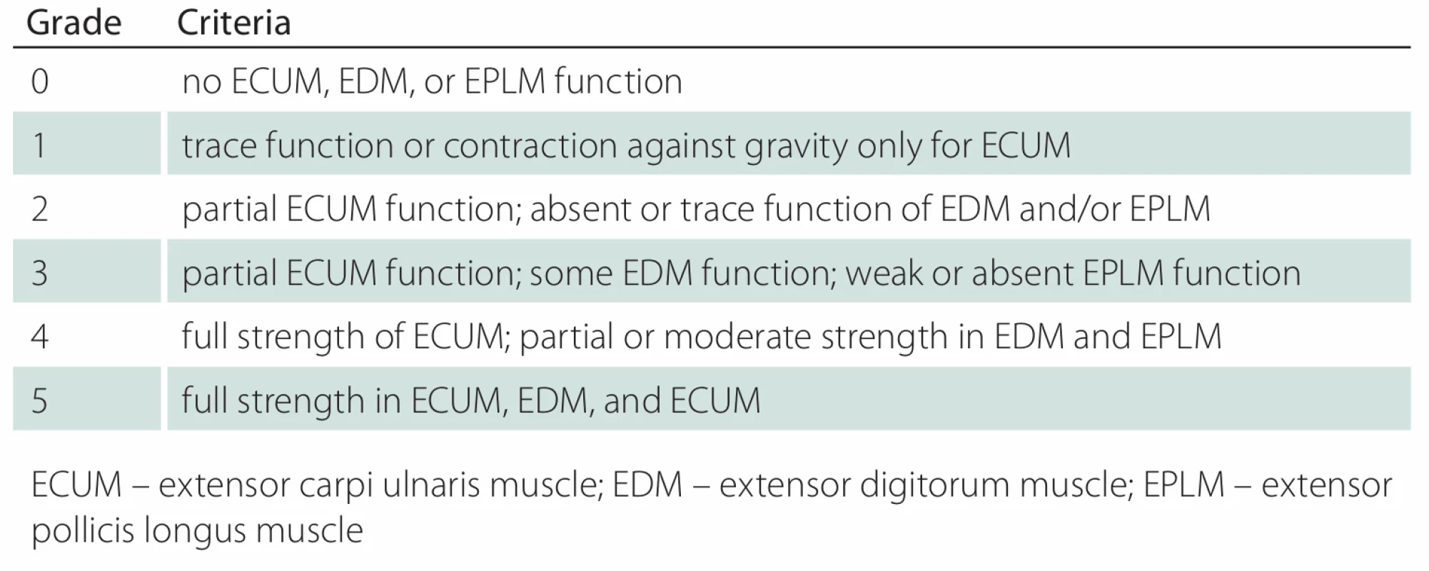 The Louisiana State University Health Sciences Center grading system of posterior interosseous nerve function. 