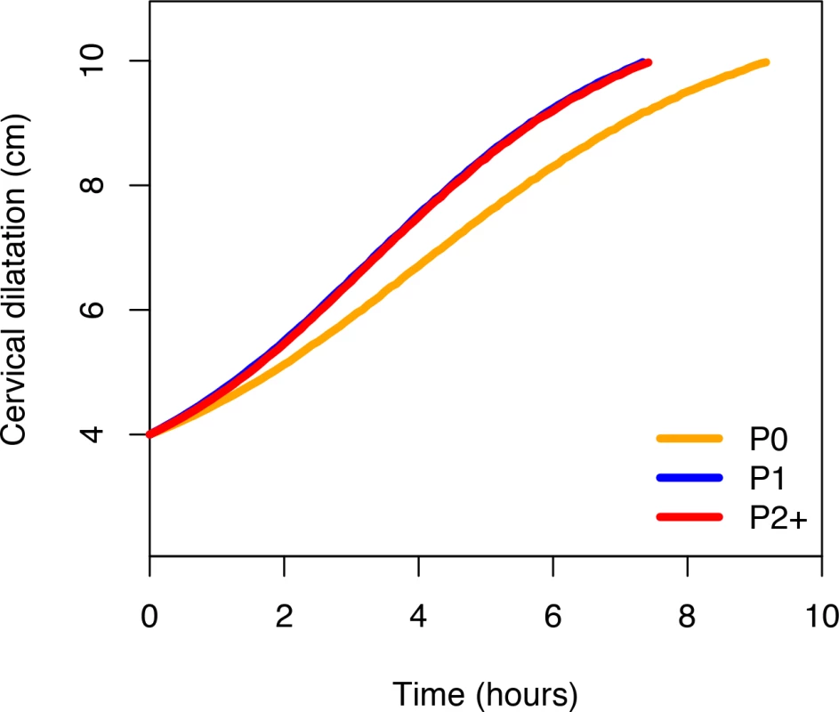 Average labour curves by parity after excluding women with augmented labours.