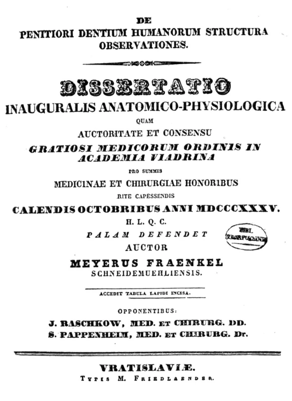 Titulní strana dizertace M. Fraenkela.