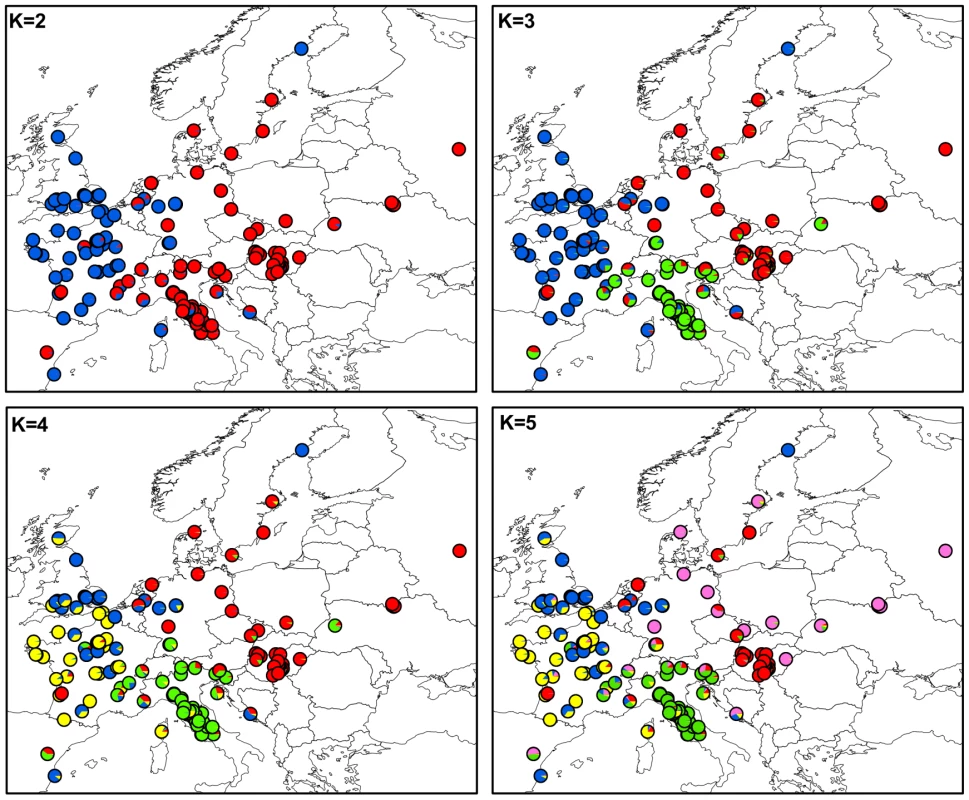 Maps of mean membership probabilities per localities from the InStruct analysis for <i>Microbotryum lychnidis-dioicae</i> (MvSl) assuming 2 to 5 clusters.