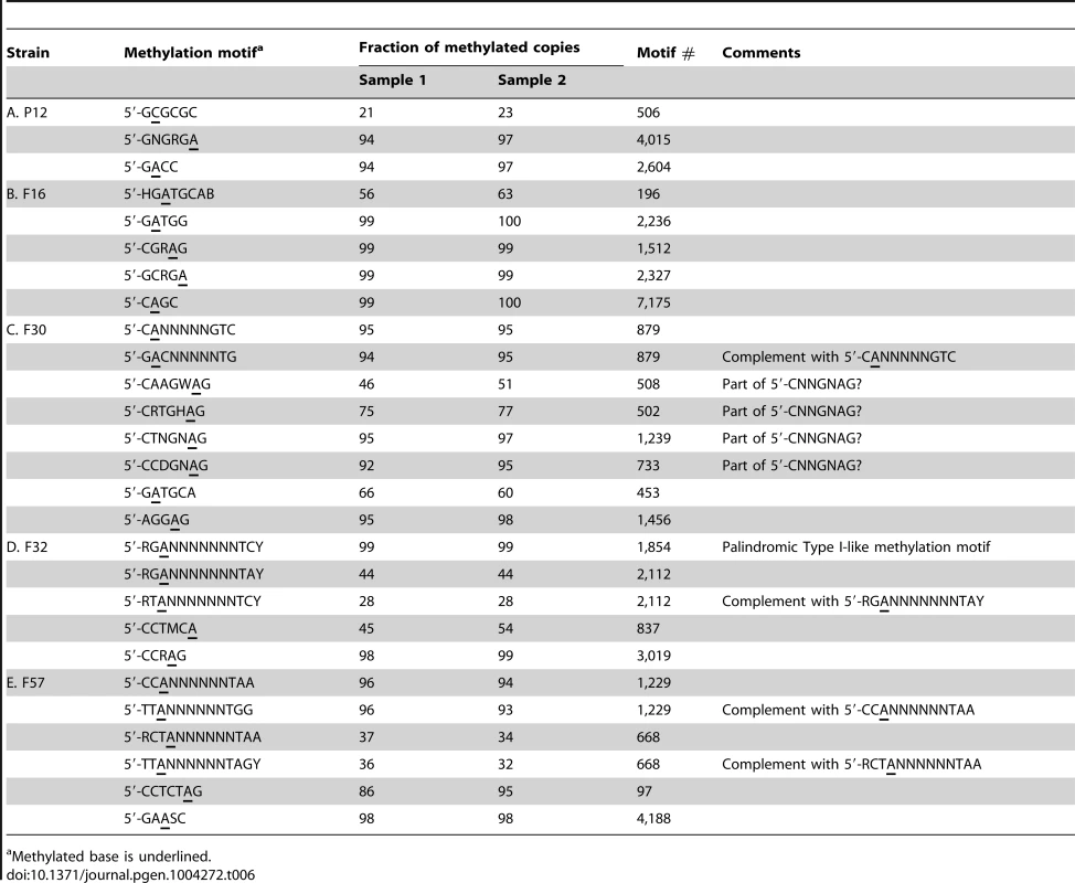 Unassigned methylation motifs in each strain.