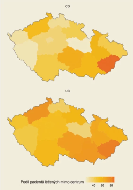 Regionální rozdíly v zastoupení pacientů sledovaných v centru pro biologickou léčbu IBD. Tmavší odstín znamená vyšší podíl pacientů léčených mimo centrum.
