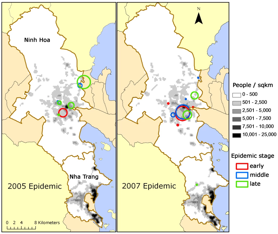 Clusters of dengue fever cases.