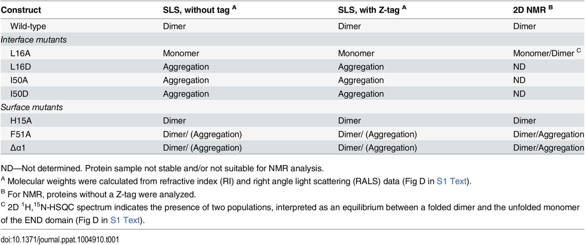 Dimerization analysis of wild-type and mutant END domains by SEC/SLS and NMR.