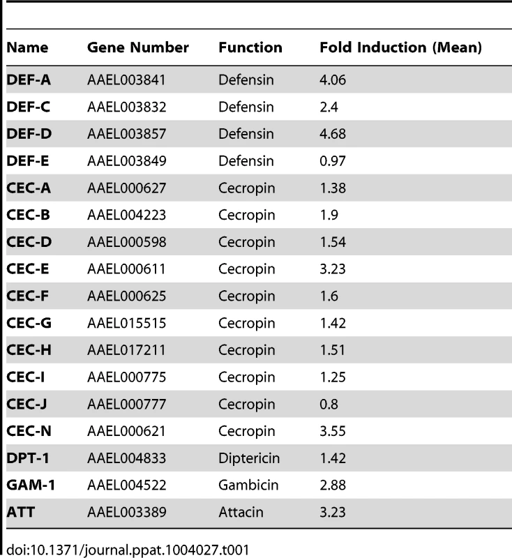 Regulation of antimicrobial peptides abundance in DENV-2 infection of <i>A. aegypti</i>.