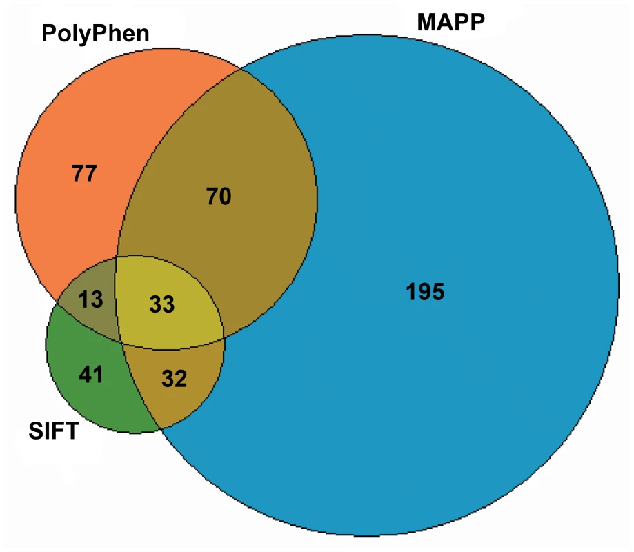 The number of nonsynonymous SNPs that might affect protein function based on SIFT <em class="ref">[24]</em>, MAPP <em class="ref">[25]</em>, and PolyPhen2 <em class="ref">[26]</em>.