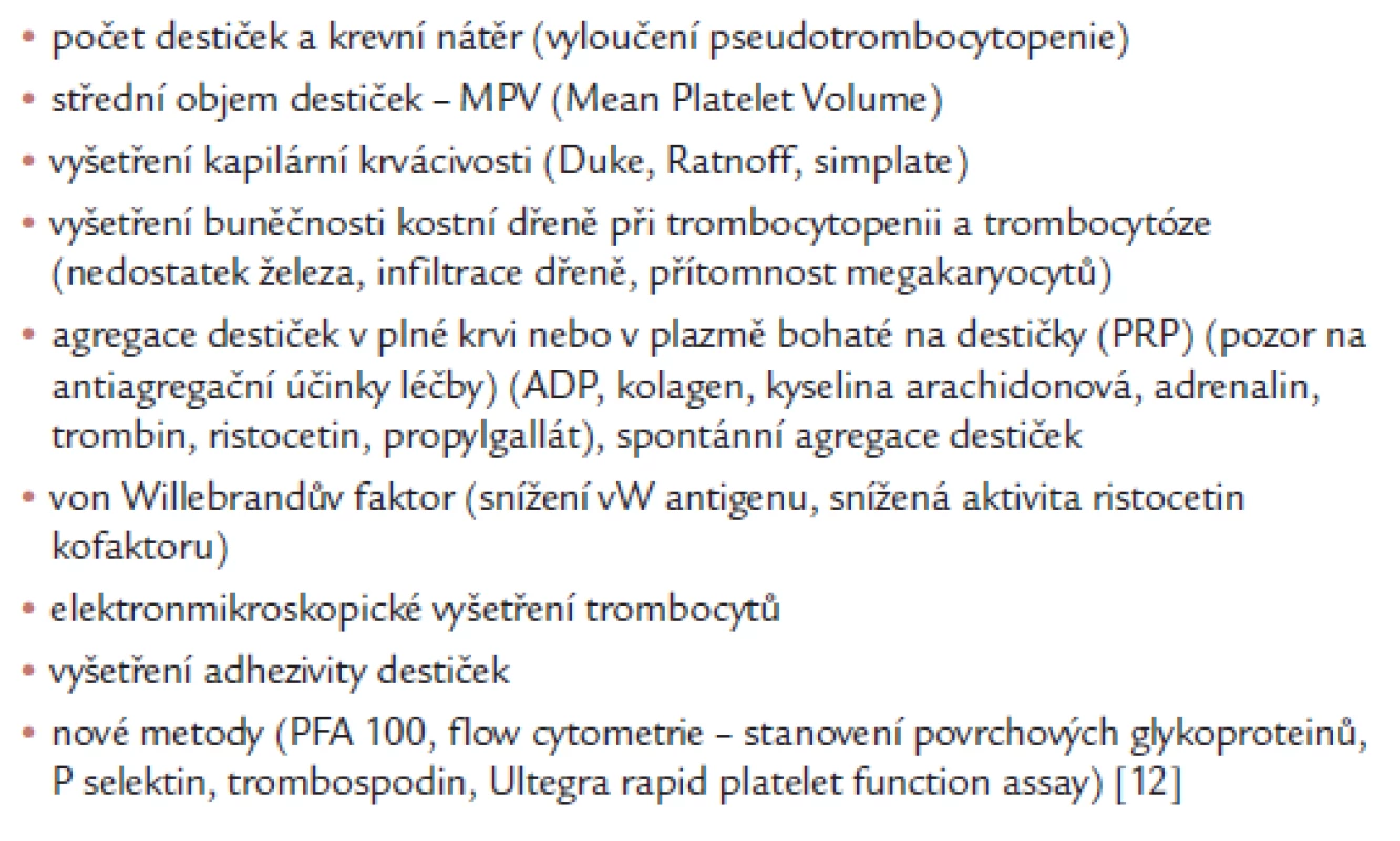 Základní vyšetřovací metody při zjišťování poruch destičkových funkcí.