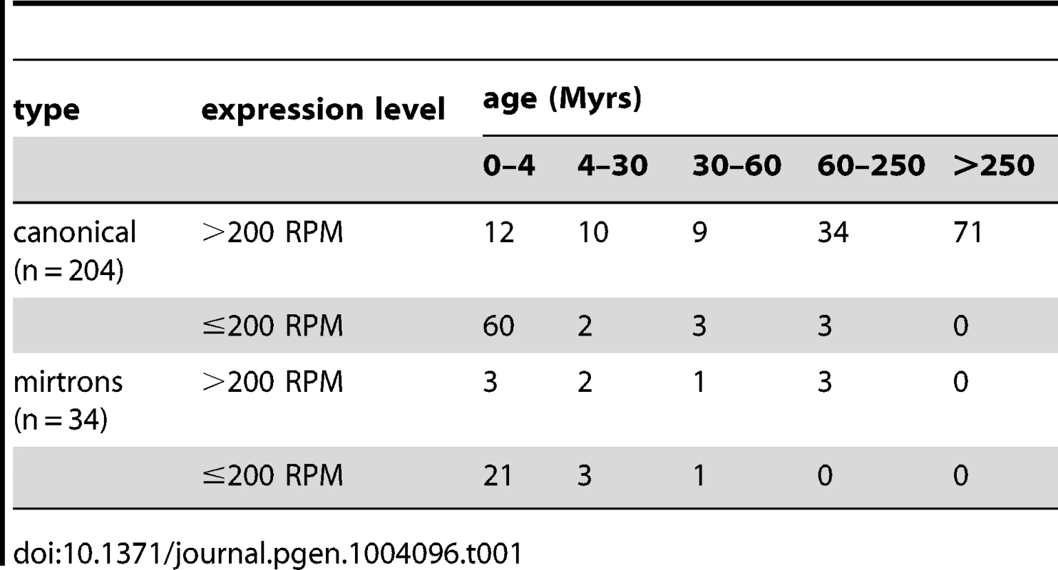 Number of miRNAs in the genome of <i>D. melanogaster</i> in different age groups.