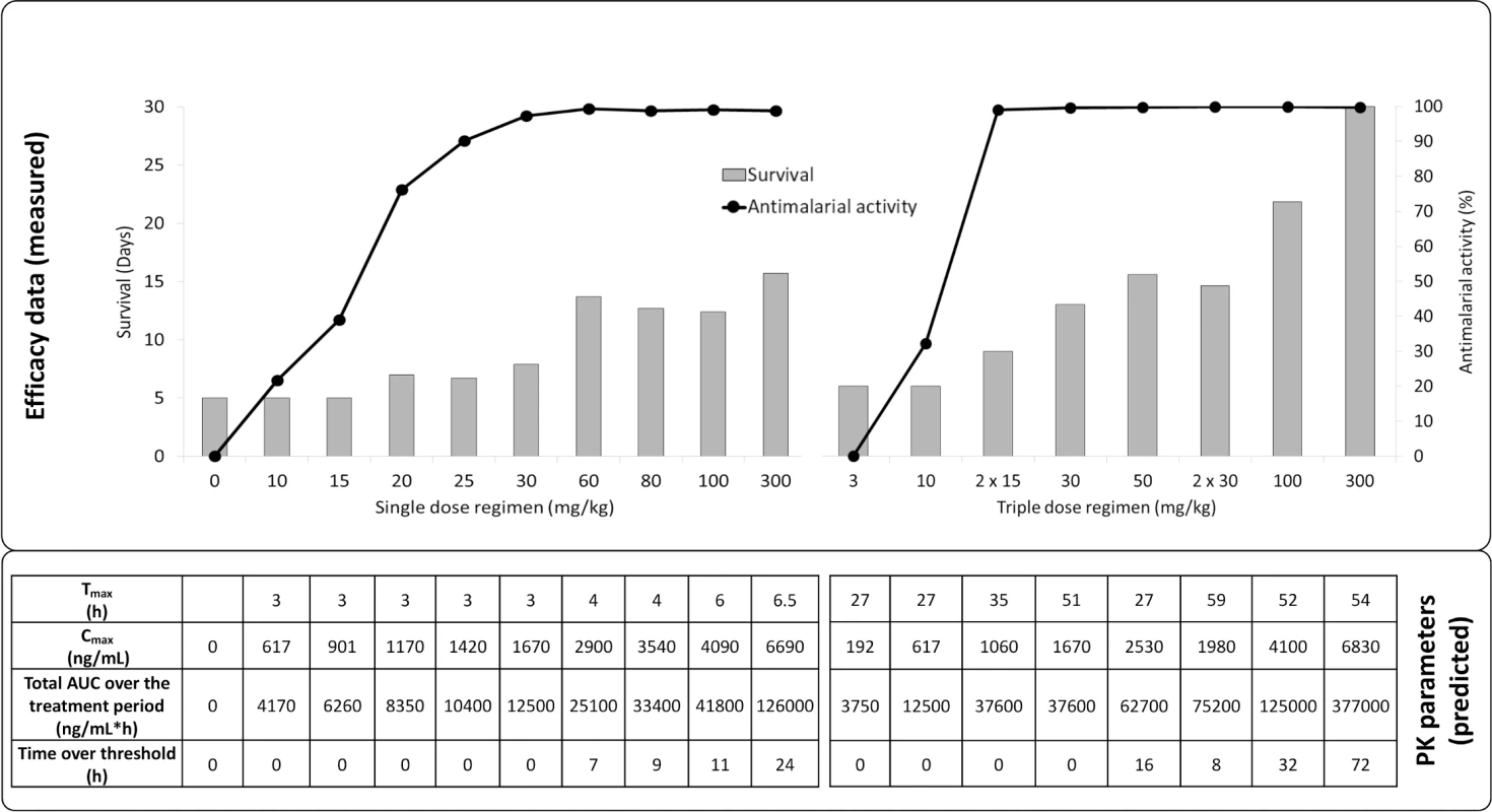 In vivo efficacy (upper panel) and exposure (lower panel) of ACT-451840 against <i>P</i>. <i>berghei</i>.