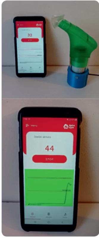 Ukázka mobilní aplikace Spiro- Gym a vybraného respiračního trenažéru.