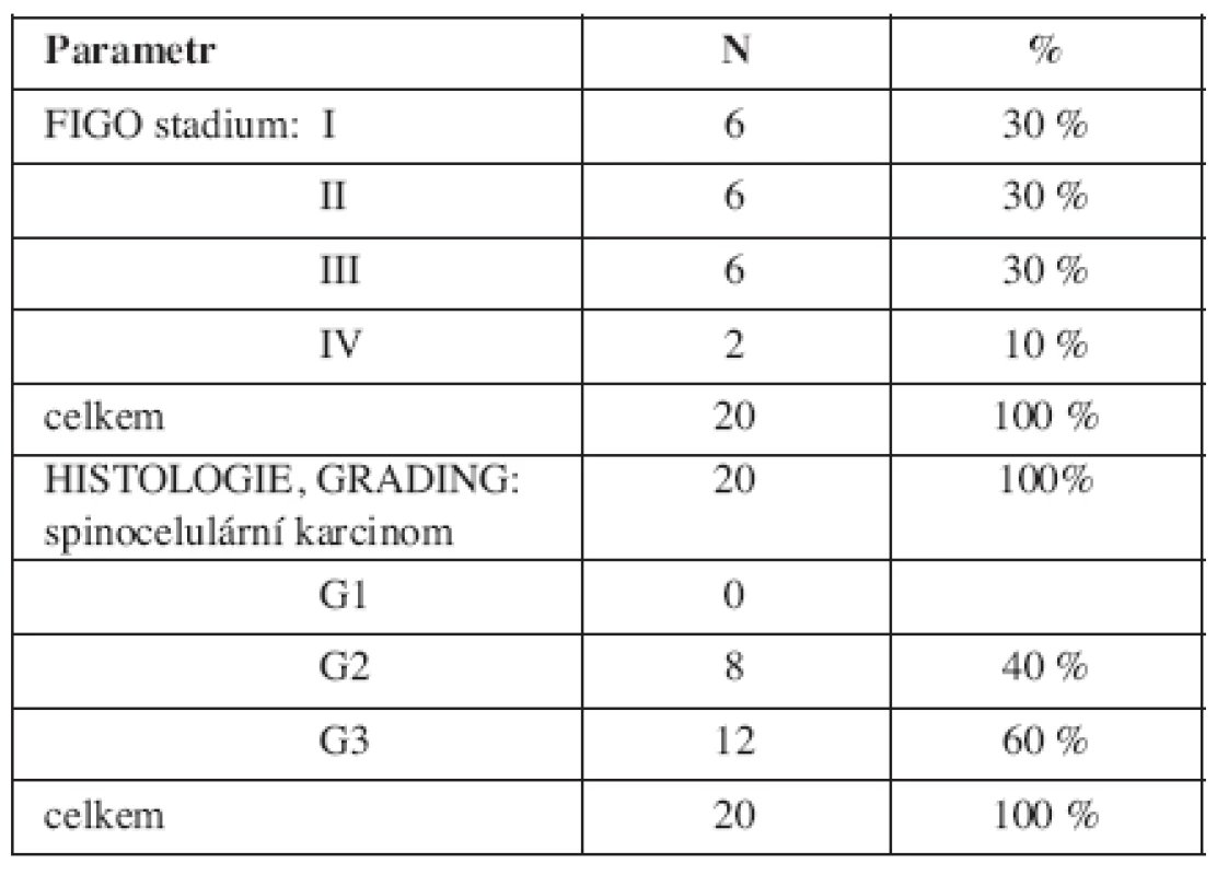 Charakteristika skupiny cervikálních karcinomů (FIGO stadium, histologie, grading)