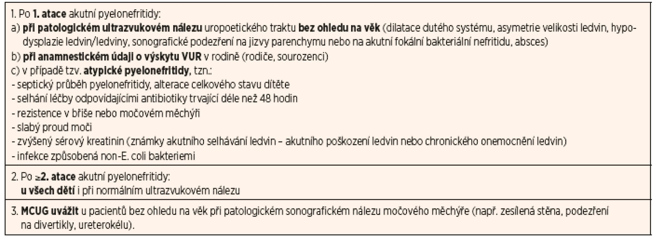 Indikace MCUG u kojenců a batolat s IMC.