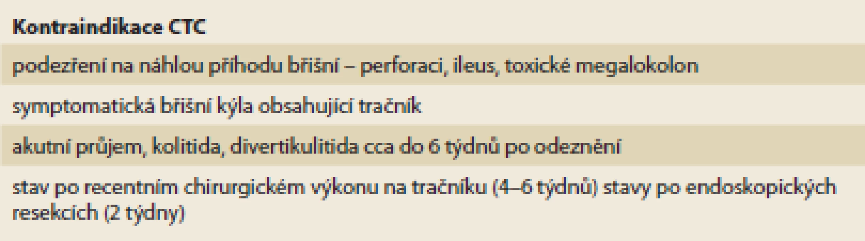 Kontraindikace CTC.
Tab. 4. CTC contraindications.