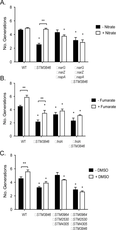 Growth defects of the Δ<i>STM3846</i> mutant in the presence of electron acceptors are linked to disruption of alternate electron acceptor reductases.