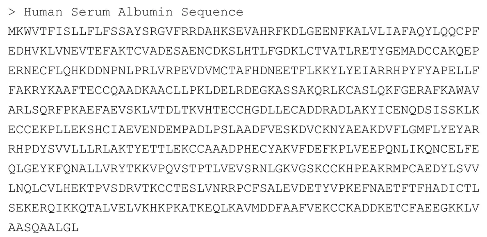 Aminokyselinová sekvence lidského sérového albuminu, polypeptidový řetězec o 609 amikokyselinách, 17 disulfidových vazeb, Mr = 66 472,2, sumární vzorec C2936H4624N786O889S41. 10