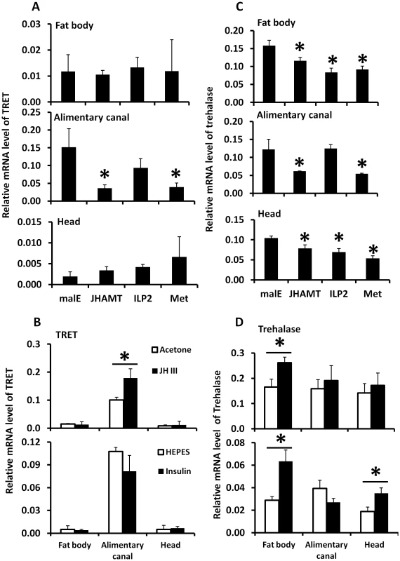 The relative mRNA levels of TRET and trehalase in the alimentary canal, fat body, and head after manipulation of JH or insulin levels.