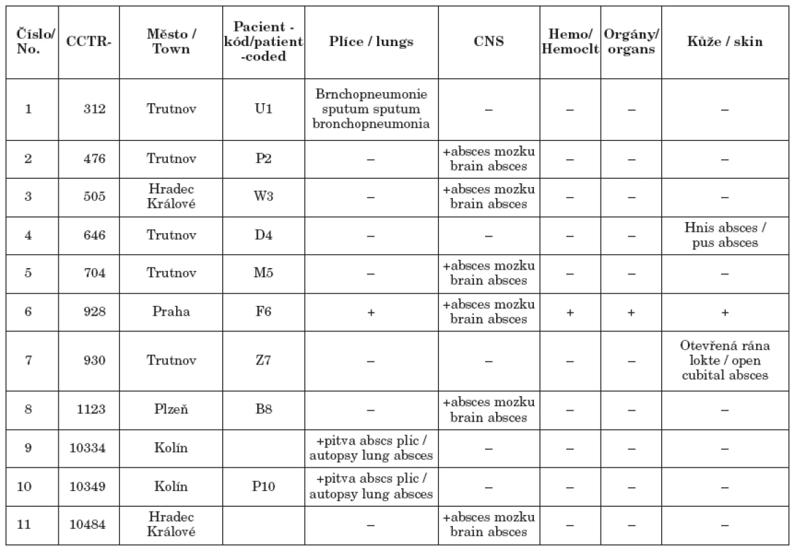 Izoláty N. farcinica v ČR, podle původu klinického materiálu
Table 3. Isolates of Nocardia farcinica in the Czech Republic, according to the source of clinical material