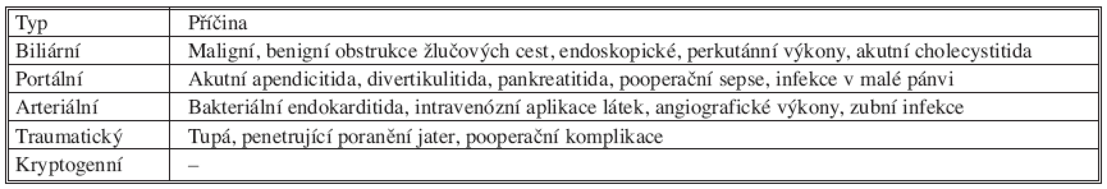 Příčiny pyogenních abscesů jater
Tab. 5. Causative factors of the pyogenic abscesses of the liver