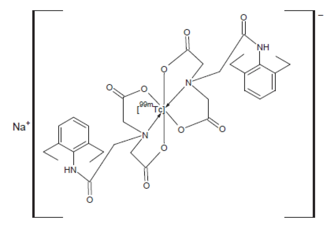 <i>Struktura [<sup>99m</sup>Tc]technecium-EHIDA. Možné názvy IUPAC: N-(2,6-diethylacetanilido)iminodioctová kyselina, [(2,6-diethylfenylkarbamoyl) methyl]iminodioctová kyselina.</i>