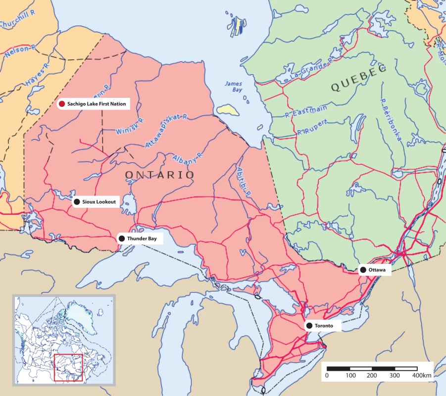 Map of Ontario showing Sachigo Lake First Nation.
