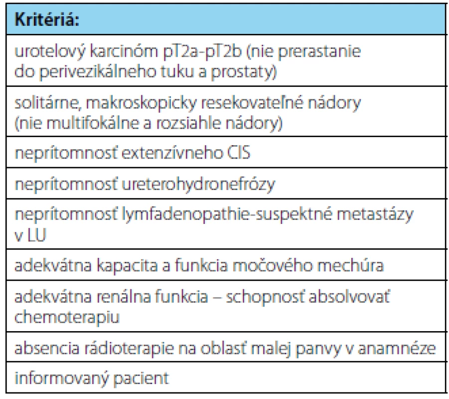 Kritériá na výber pacientov na trimodálnu liečbu so zachovaním močového mechúra (15)
Tab. 4. Patient selection criteria for trimodality treatment with bladder sparing