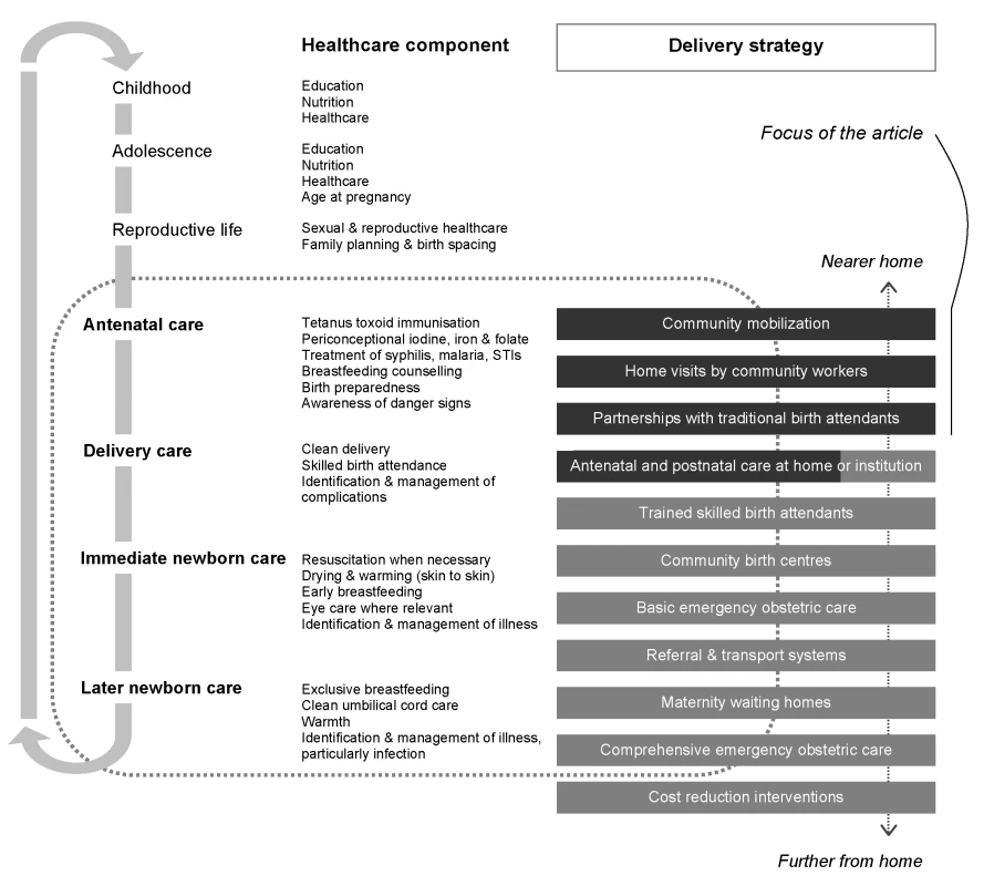 Maternity as a life event, components of care with potential effects on newborn survival, and 11 possible delivery strategies.