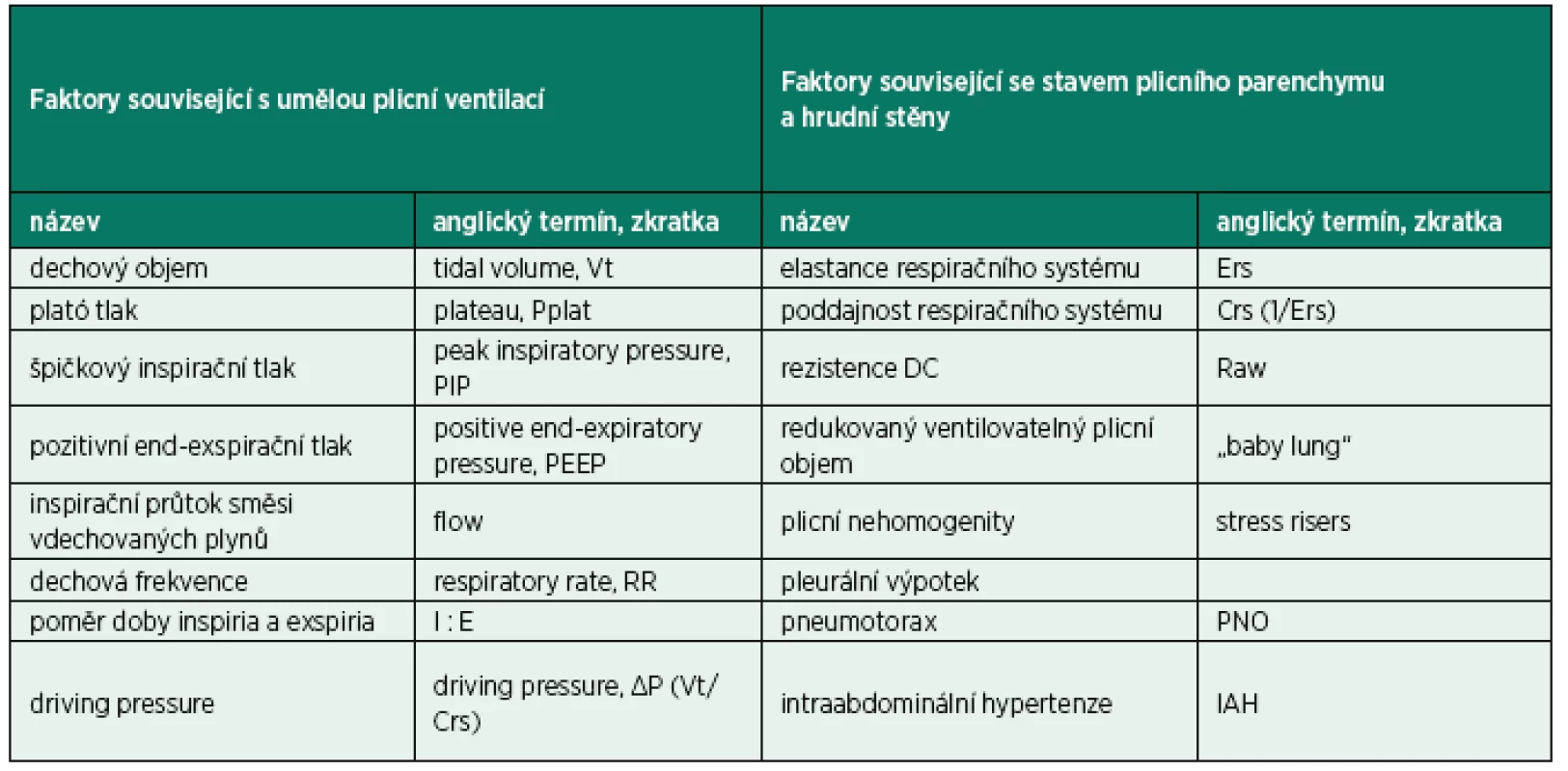 Základní a odvozené parametry nastavení režimu umělé plicní ventilace a faktory odvozené od stavu plicního parenchymu
