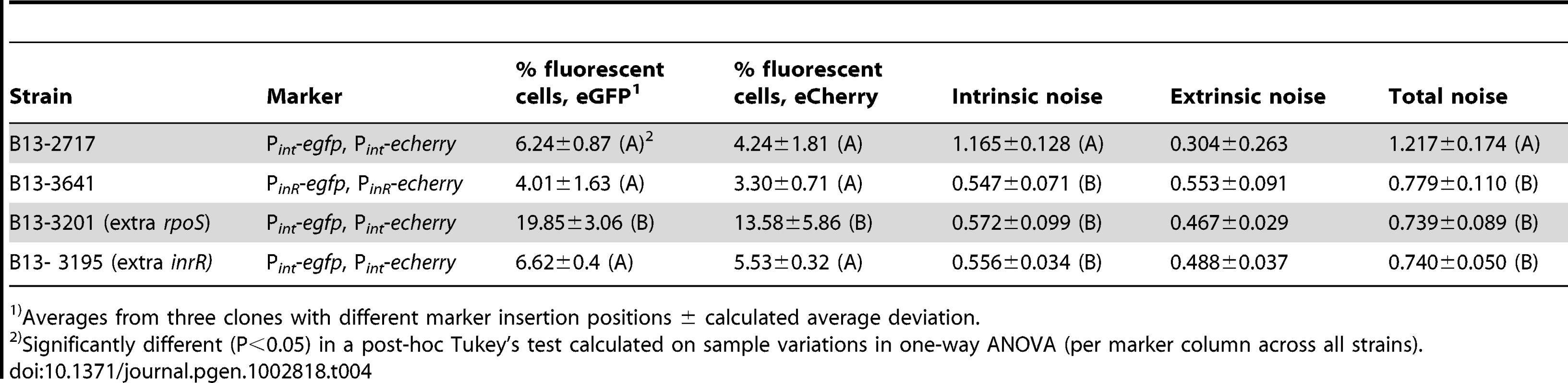 Subpopulation proportions and noise in expression of eGFP and eCherry from dual P<i><sub>int</sub></i> or P<i><sub>inR</sub></i> fusions in cultures of <i>P. knackmussii</i> strain B13 or derivatives.