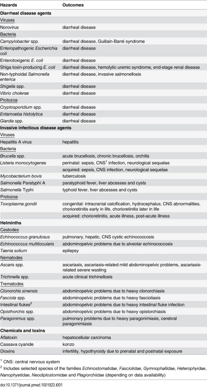 Hazards and outcomes included in estimates of the global burden of foodborne disease.
