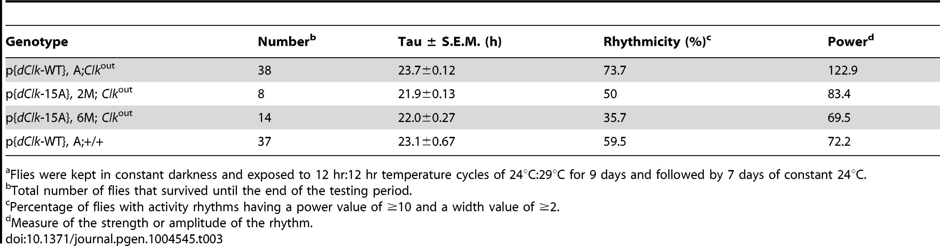 Behavioral analysis of p{<i>dClk</i>-15A}; <i>Clk</i><sup>out</sup> flies following temperature cycles.<em class="ref">a</em>