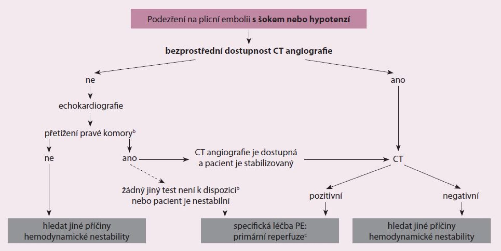 Navrhovaný diagnostický algoritmus pro pacienty s podezřením na vysoce rizikovou PE.