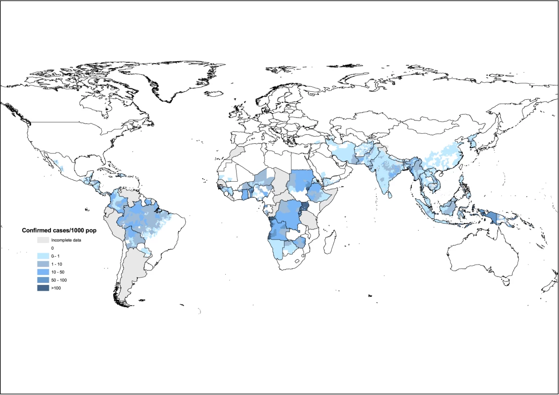 Distribution of confirmed malaria cases per 1,000 population, for the lowest administrative level possible in each country.