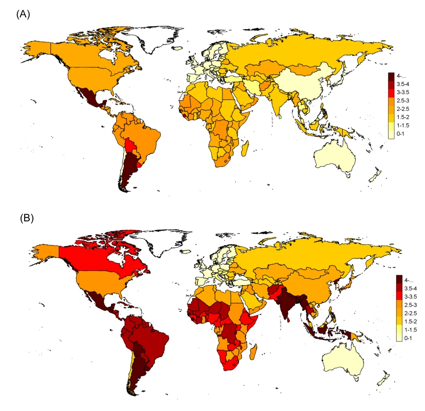 Pandemic respiratory mortality rates projected to all world countries with the Stage 2 multiple imputation model, stratified by age.