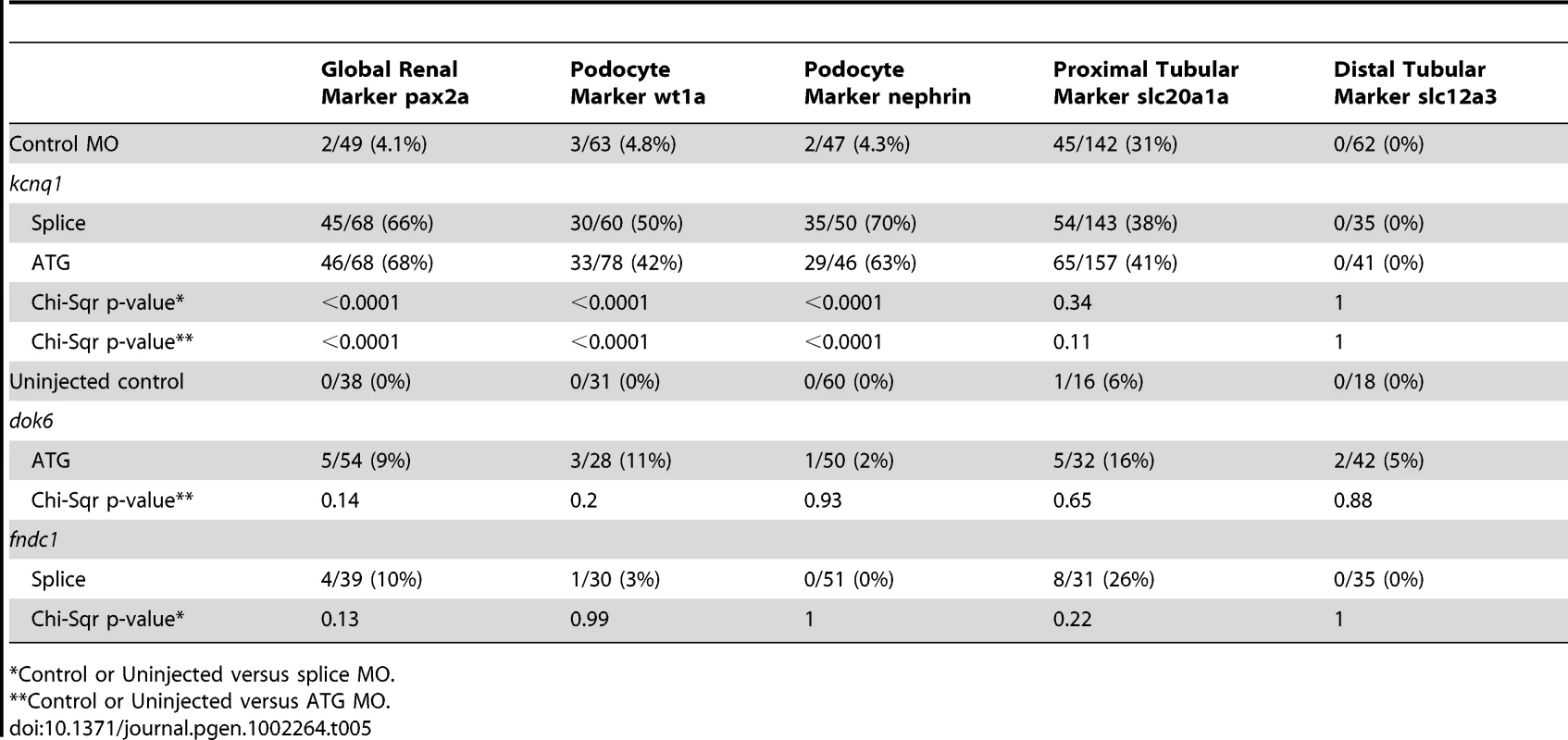 Number of observed abnormalities/number of embryos examined at 200 uM injection (kcnq1) and 400 uM injection (dok6 and fndc1).