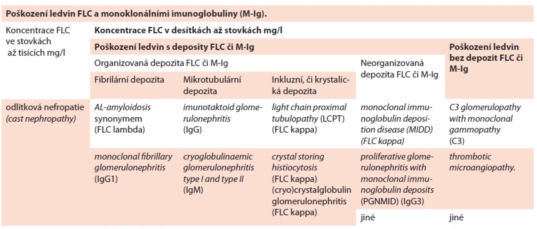 Klasifi kace poškození ledvin FLC či M-Ig dle [8]. Termíny ponechány v původní anglické formě.