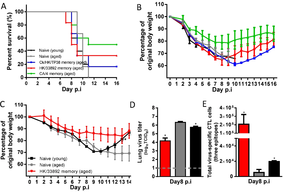 The disease course in young or aged naïve mice, or primed (with H9N2 or H1N1 virus) aged mice following H7N9 challenge.
