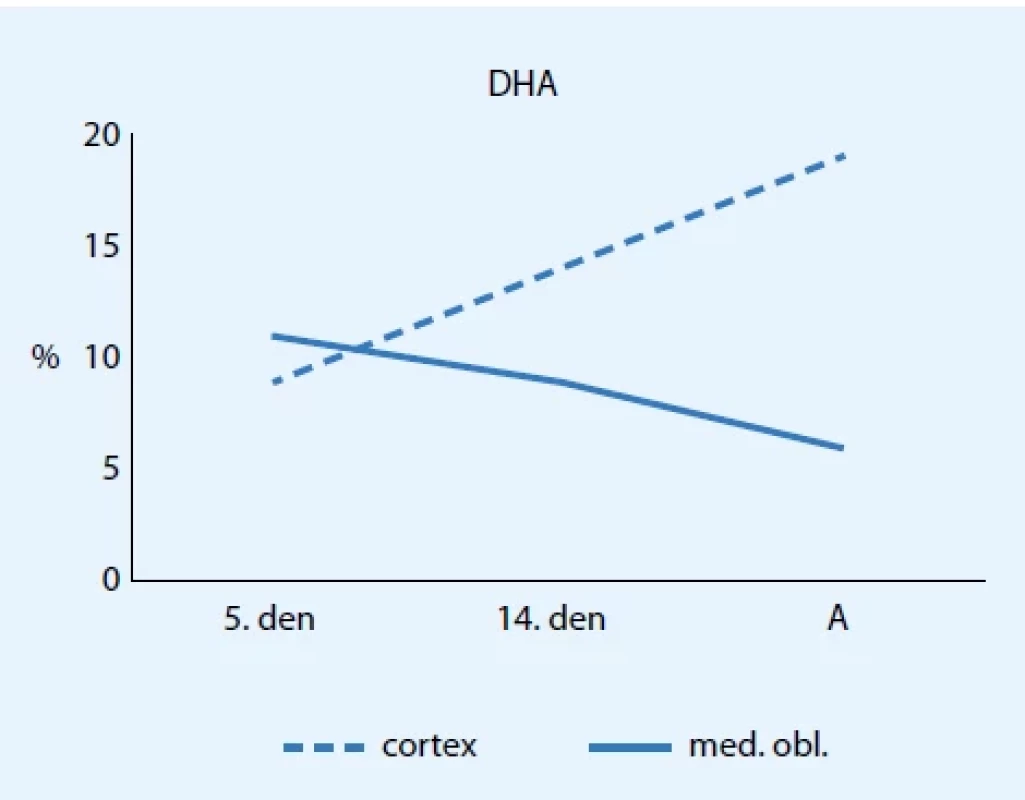 Vliv stáří na podíl kyseliny dokosahexanové v tkání mozkové kůry (cortex) a prodloužené míchy (med. obl.) v průběhu postnatálního života laboratorních potkanů.