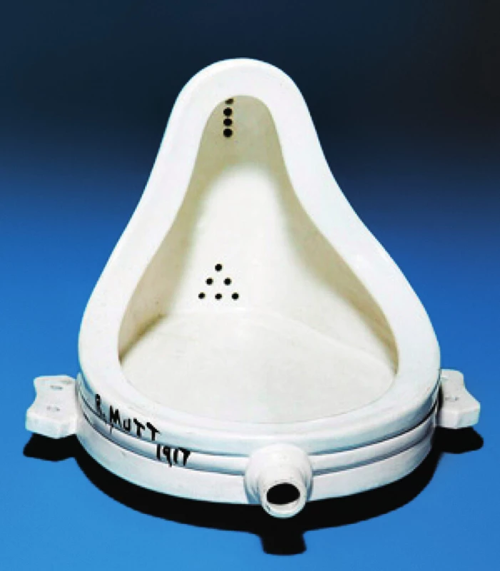 Fontána, pisoár z porcelánu, ready-made, 23,5 × 18 × 60 cm, 1917–1964