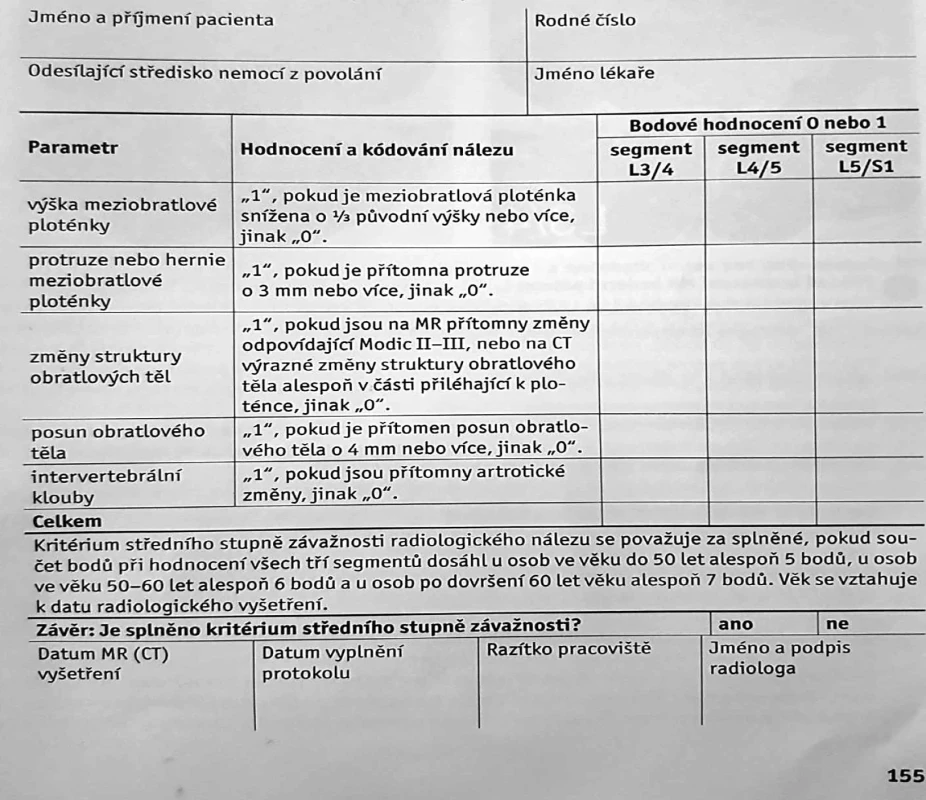 Protokol hodnocení radiologického nález v rámci posouzení onemocnění bederní páteře u pacienta s podezřením na nemoc z povolání