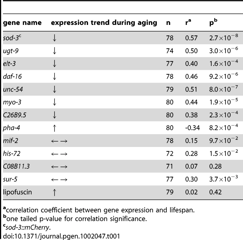 Correlation of fluorescent markers with remaining lifespan.