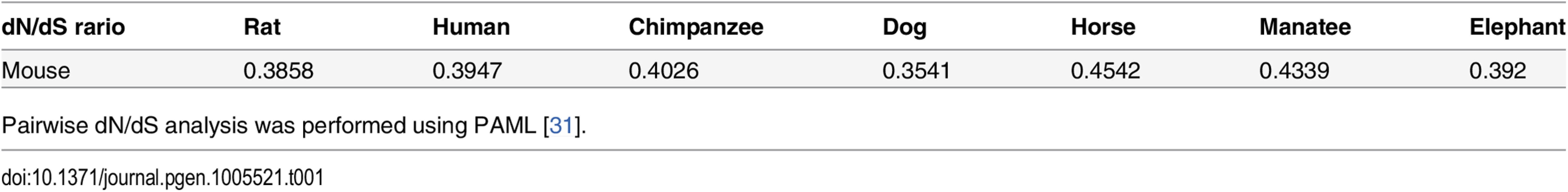 The dN/dS ratio between the mouse and the seven other eutherian species expect xenarthral.