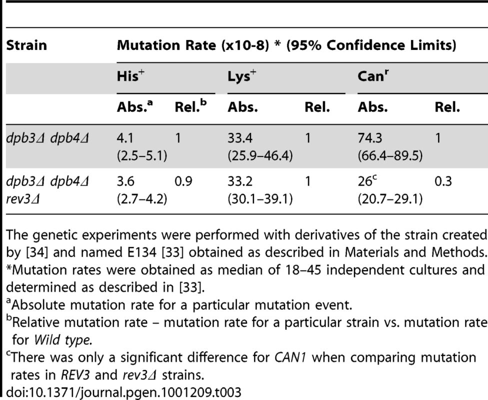 Influence of <i>rev3Δ</i> on spontaneous mutagenesis in the strain lacking <i>DPB3</i> and <i>DPB4</i> genes.