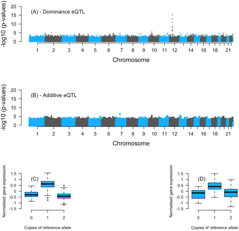 Association plots showing the −log10 <i>P</i>-values for SNPs tested against transcript expression levels of ILMN_1789596 probe in ETV6.