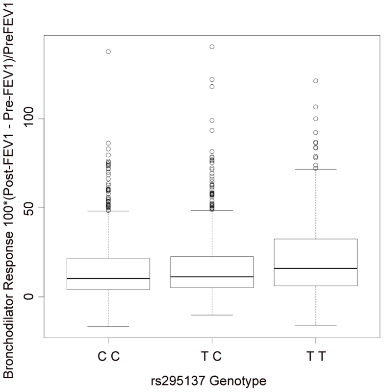 Summary of BDR by genotype of the SNP (rs295137) near <i>SPATS2L</i> with lowest P-value among all subjects in the primary populations.