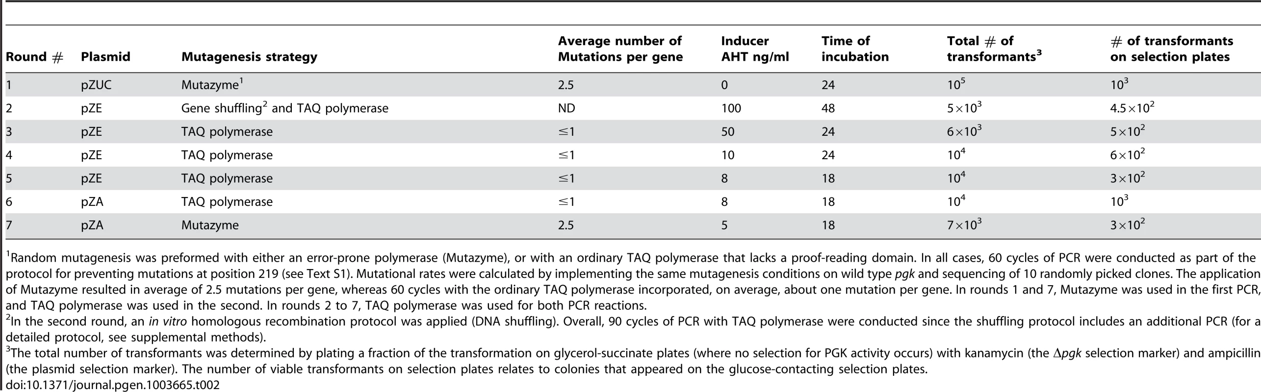 Summary of experimental conditions for the seven rounds of directed evolution.