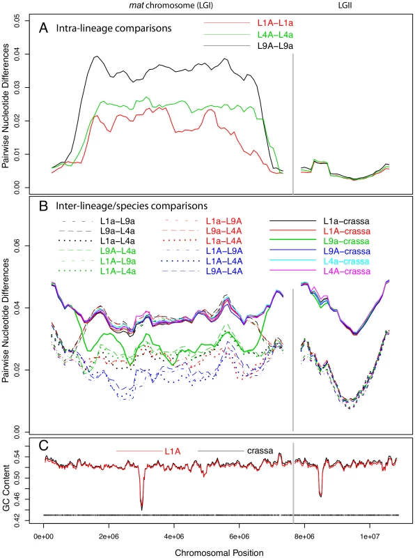 Pair-wise divergences of the mating-type (<i>mat</i>) chromosomes and one selected autosome of <i>Neurospora tetrasperma</i> lineages and <i>Neurospora crassa</i>.