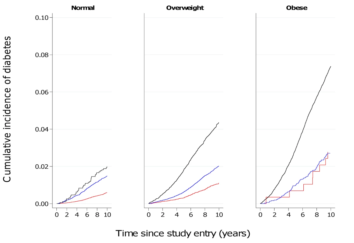 Cumulative incidence of type 2 diabetes over 10 y by BMI and waist circumference groups in women.