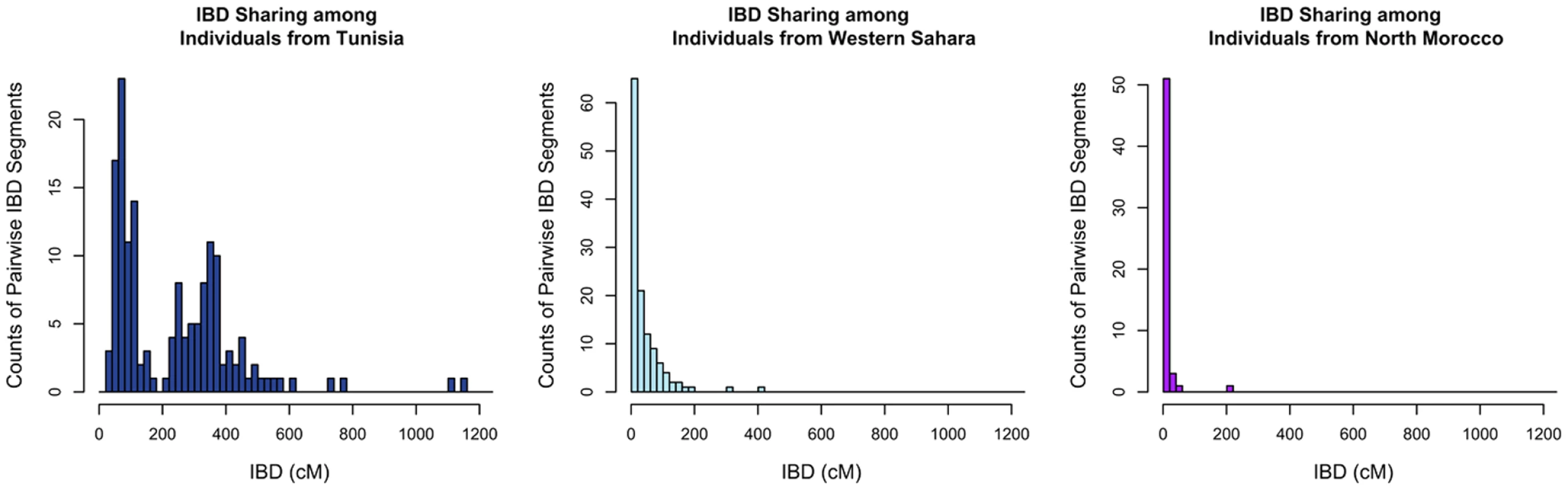 Distribution of long segments that are identical by descent (IBD) for pairs of individuals.