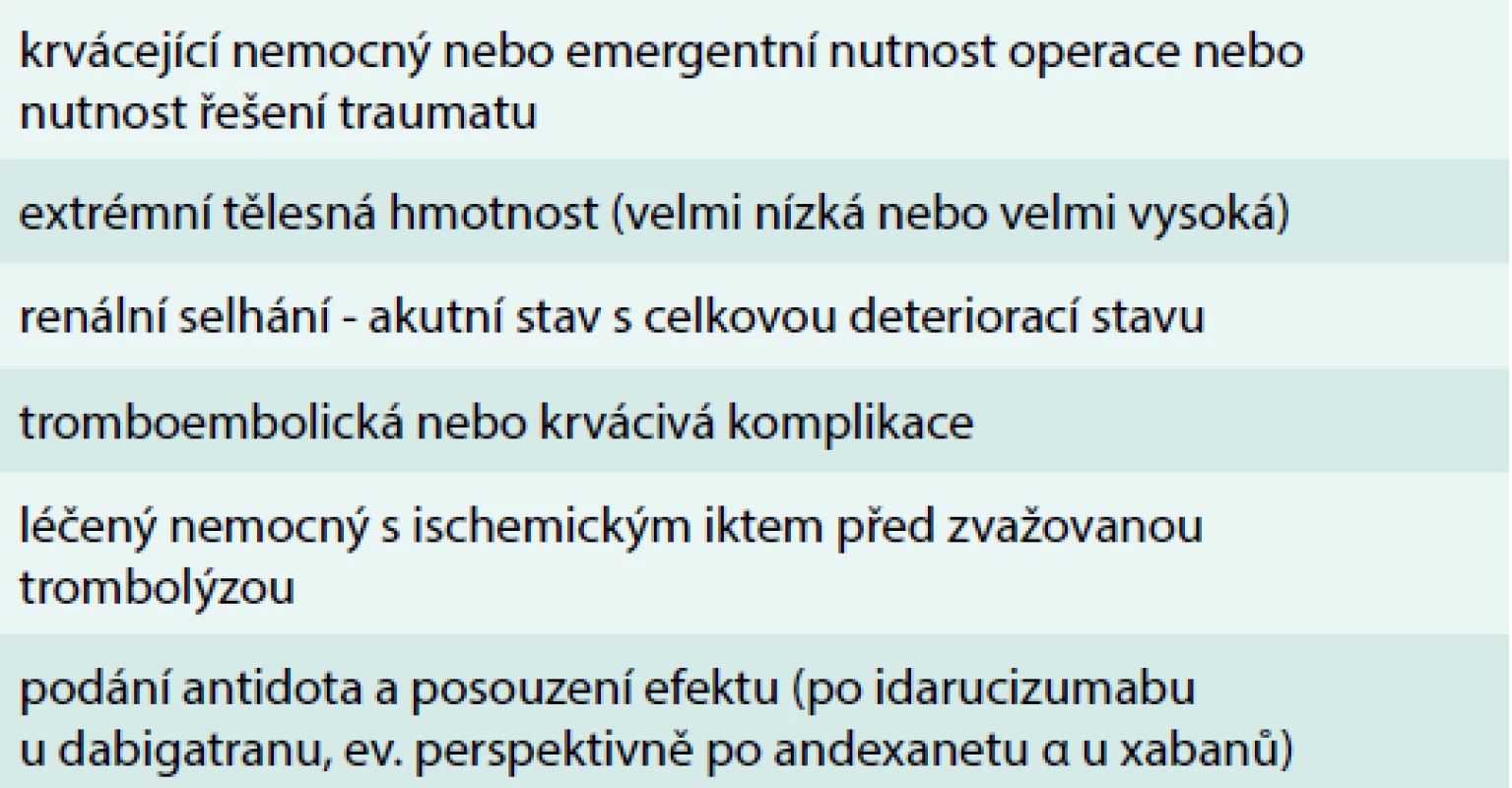 Klinické situace, při nichž je užitečné
stanovení laboratorní hladiny NOAC či
antikoagulační aktivity